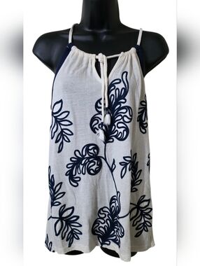 Lucky Brand White and Navy Embroidered Rope-Shoulder Tank
